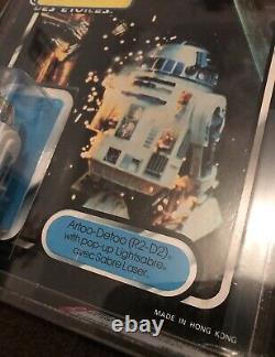 Rare Unpunched Moc Palitoy Tri-logo Star Wars R2d2 Pop-up Light Saber Graded